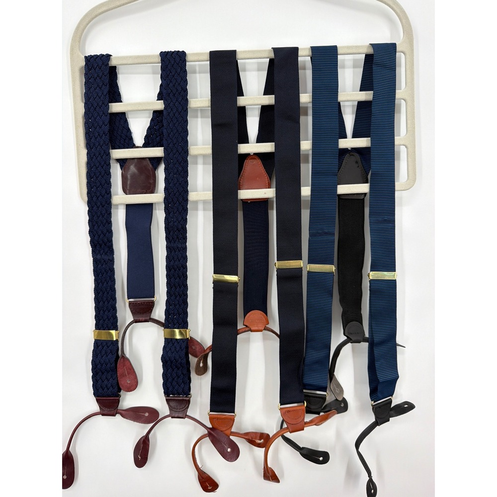 Lot of 3 Mens Vintage Suspenders Navy Blue Braided Striped Solid Brass Y-Back